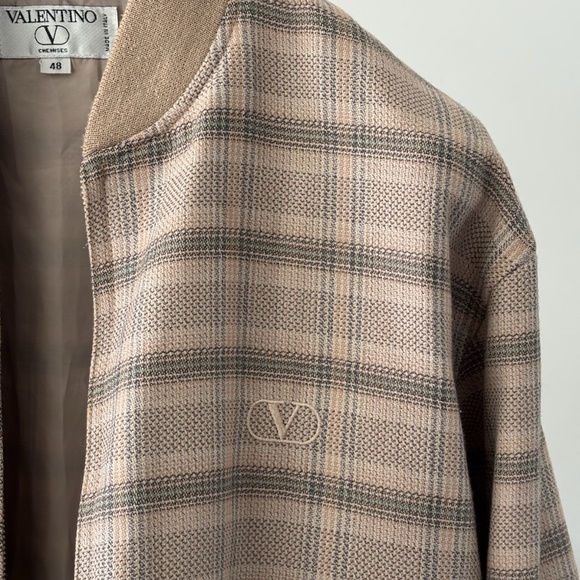 Valentino Jacket Bomber Beige Plaid Wool *VINTAGE* Logo V 100% Authentic - Picture 9 of 15